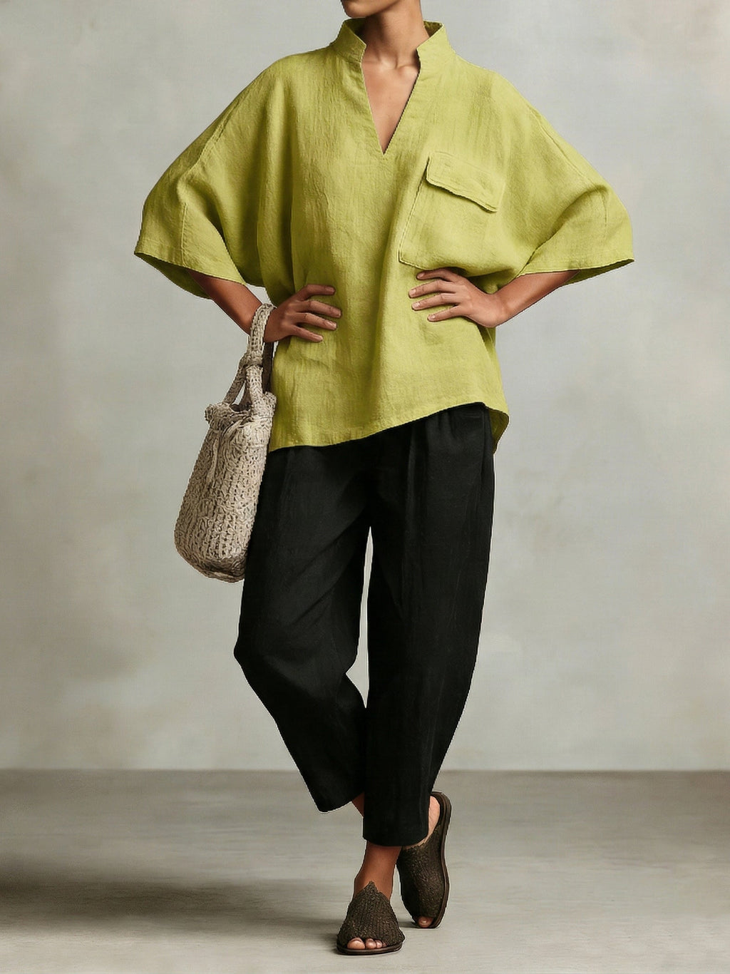 Elegant Stand-up Collar Loose Linen Cotton Two-piece Set