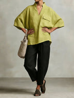 Elegant Stand-up Collar Loose Linen Cotton Two-piece Set
