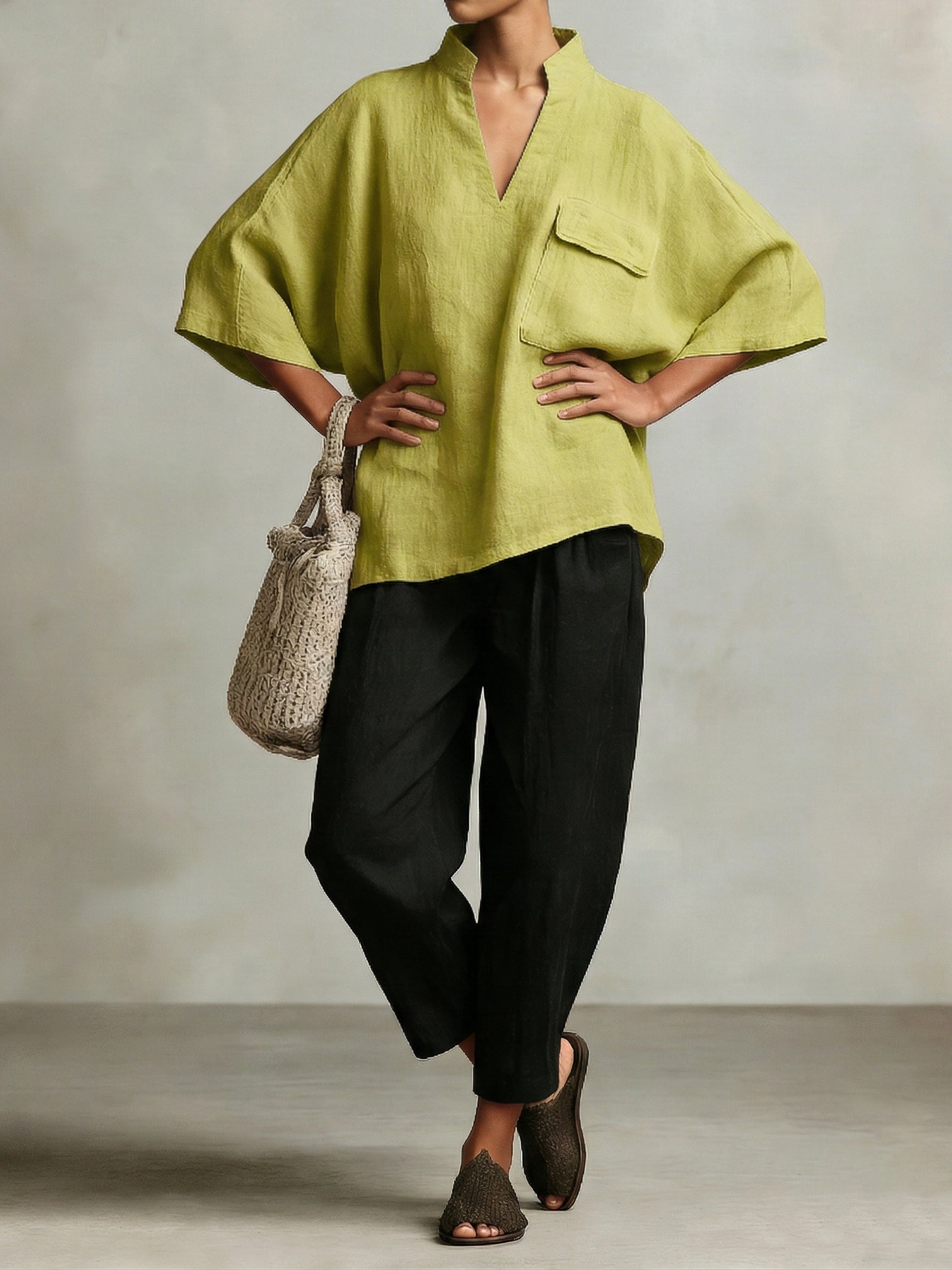 Elegant Stand-up Collar Loose Linen Cotton Two-piece Set
