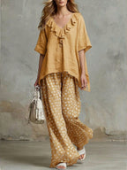 Casual Two-piece Set Of Linen And Cotton Top With Ruffled Collar And Polka Dot Pants
