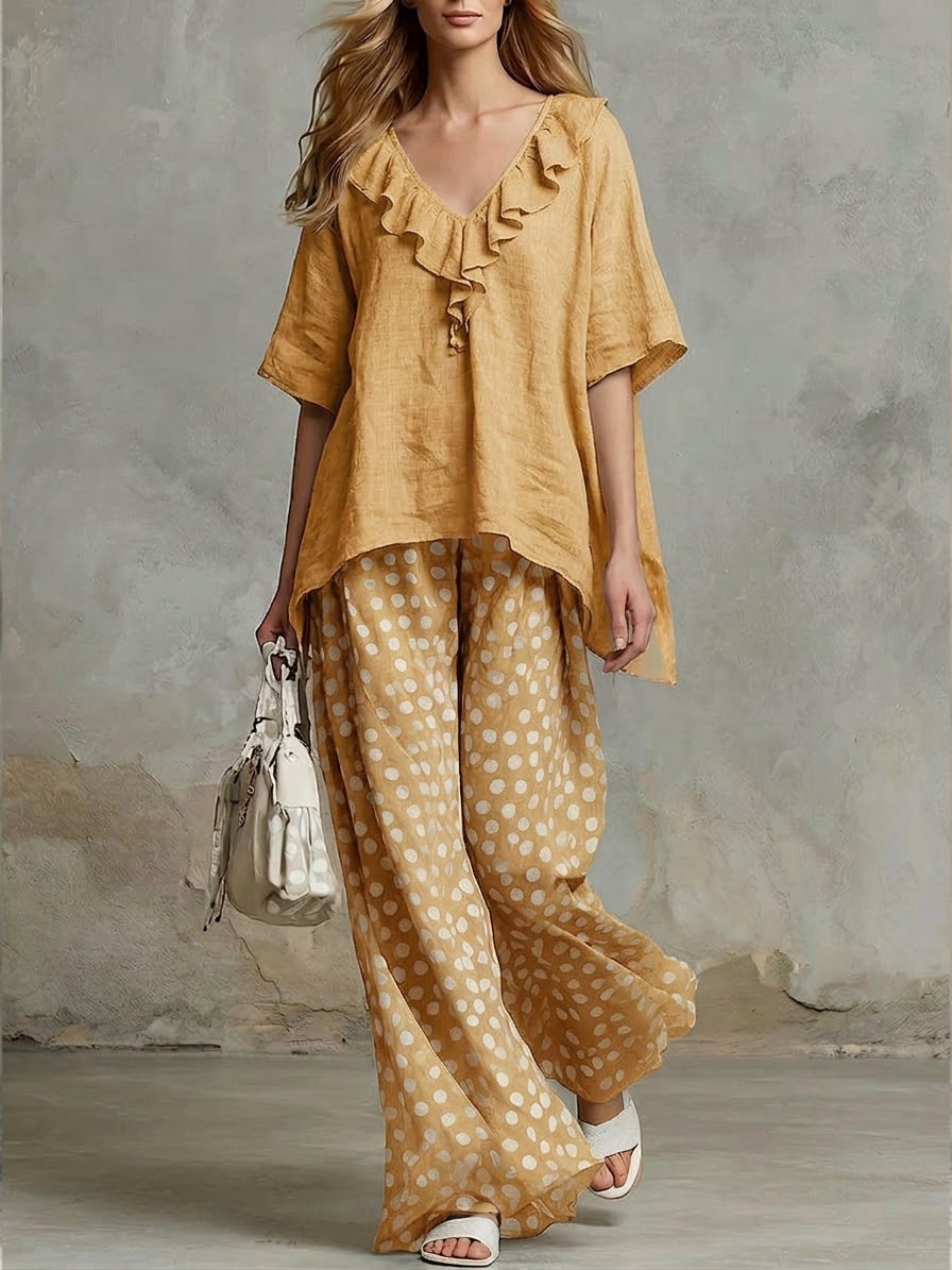 Casual Two-piece Set Of Linen And Cotton Top With Ruffled Collar And Polka Dot Pants