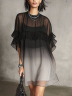 Women's Round-neck 3/4-sleeve Casual Loose-fit Gradient Chiffon Two-piece Dress