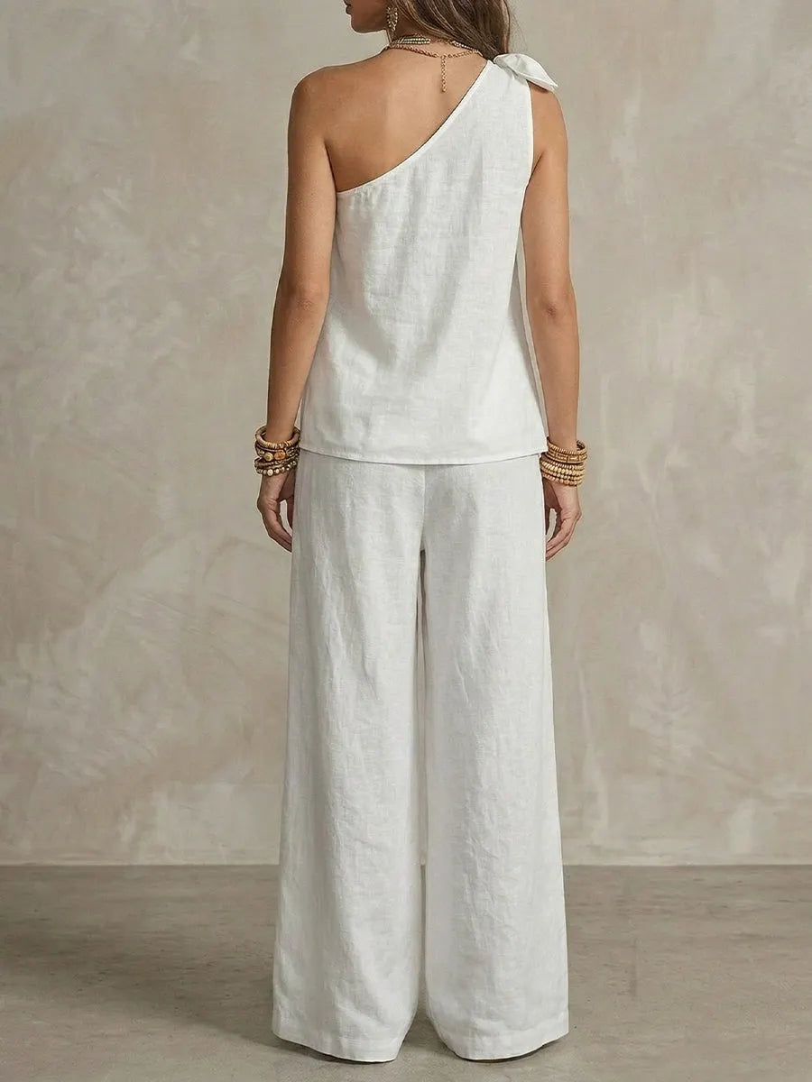 3d Floral One-shoulder Sleeveless Top And Pants Set
