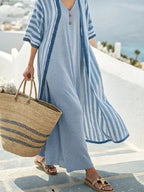 Women's Vacation V-Neck Vest Dress and Striped Cardigan Set