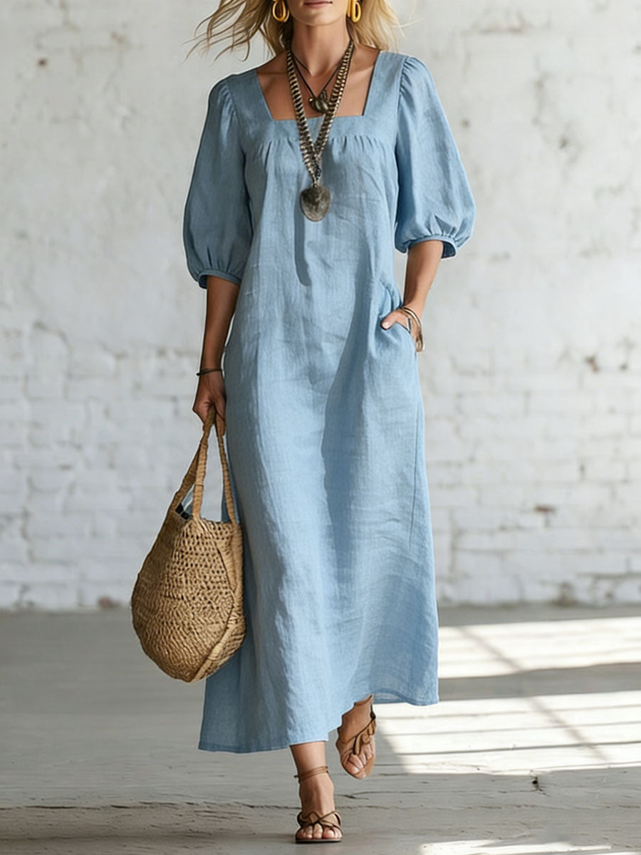 Minimalist Square Neck And Half Sleeves Casual Cotton-linen Long Dress