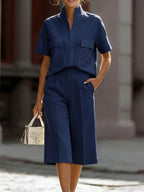 Women's V-neck Short-sleeved Casual Loose Cotton Linen Top And High-waisted Casual Loose Wide-leg Pants Cotton Linen Set