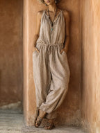 Bohemian Ethnic Print Linen & Cotton Two-Piece Set: Long Cardigan and Sleeveless Jumpsuit