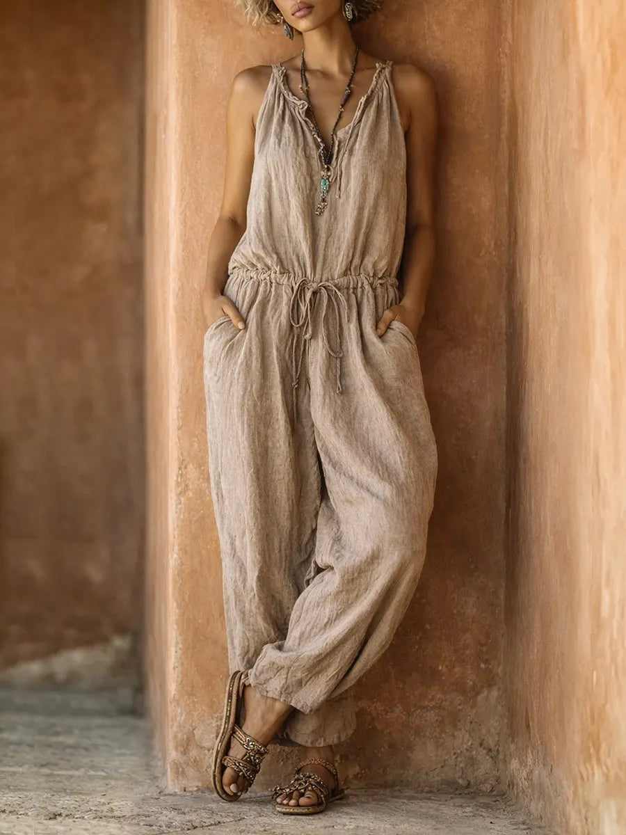 Bohemian Ethnic Print Linen & Cotton Two-Piece Set: Long Cardigan and Sleeveless Jumpsuit