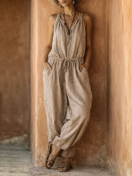 Bohemian Ethnic Print Linen & Cotton Two-Piece Set: Long Cardigan and Sleeveless Jumpsuit