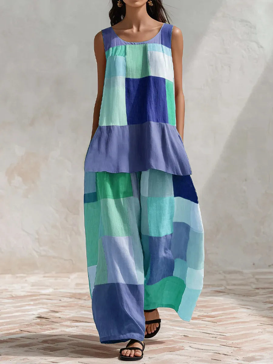 Women's Geometric Print Cotton-linen Set: Crew Neck Sleeveless Loose-fit Top & High-waisted Loose-fit Wide-leg Pants