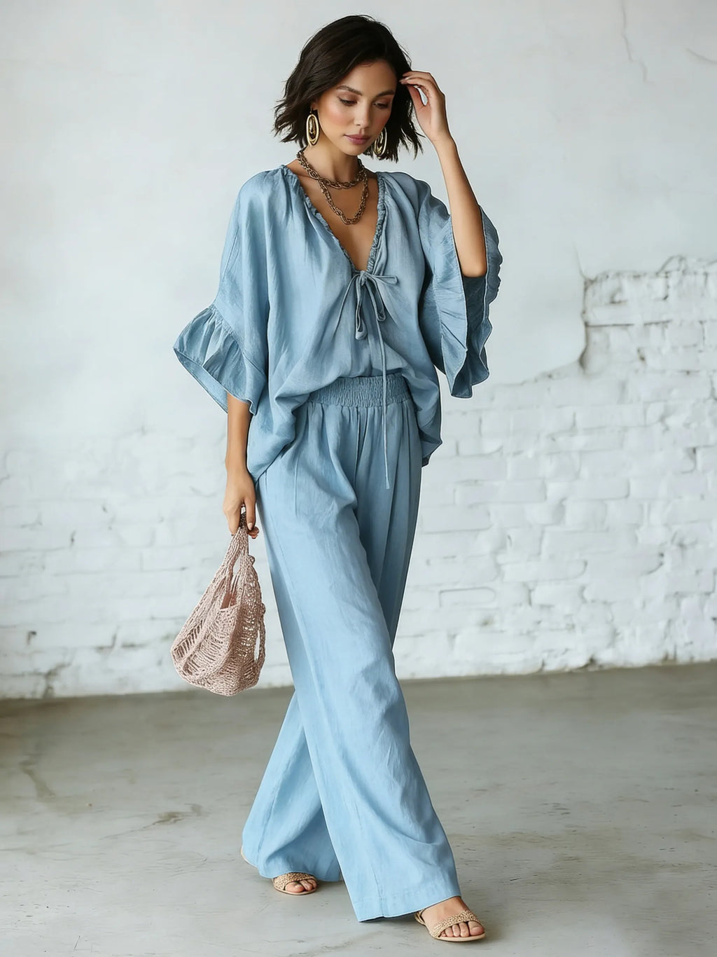 Retro Ruffled V-neck Shirt And Wide-leg Pants Two-piece Set