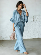 Retro Ruffled V-neck Shirt And Wide-leg Pants Two-piece Set