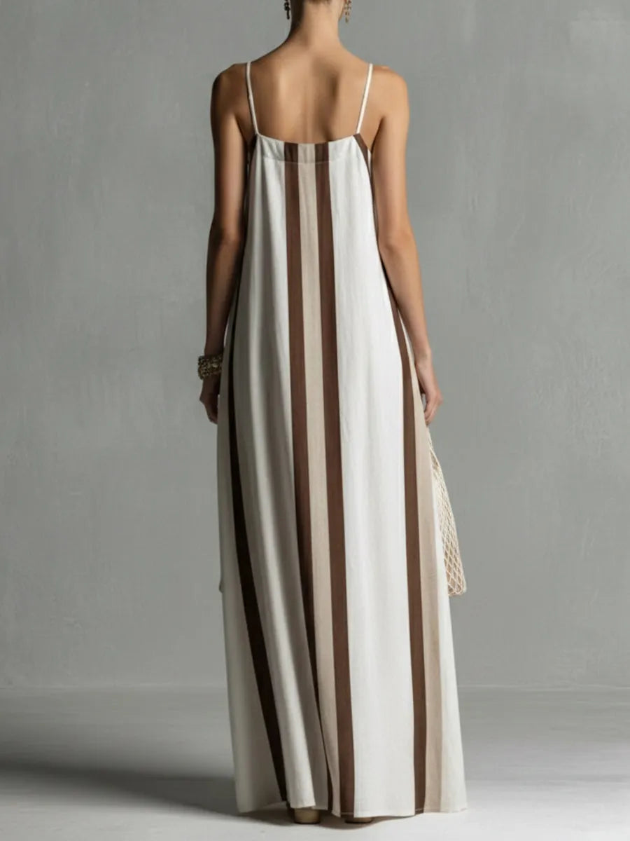 Casual Striped Linen And Cotton Maxi Sleeveless Dress