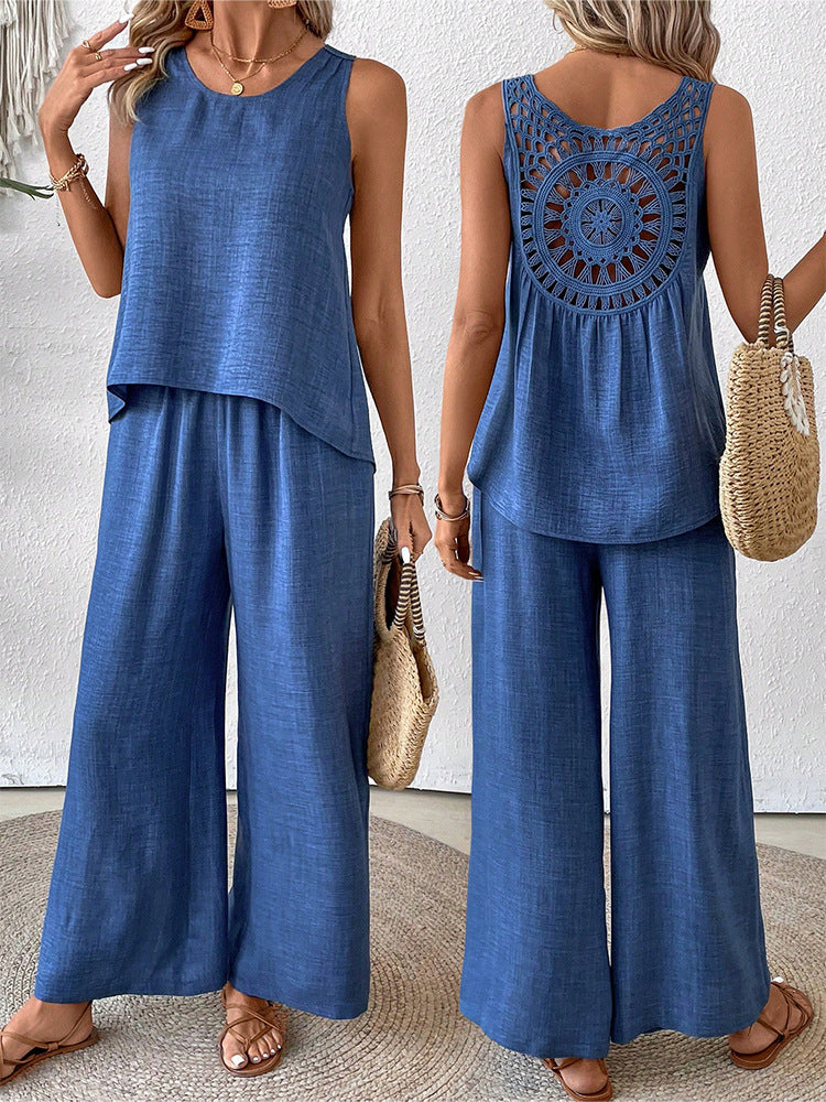 Women's Hollow Lace Two-piece Set: Casual Vest And Wide-leg Pants