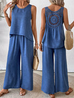 Women's Hollow Lace Two-piece Set: Casual Vest And Wide-leg Pants
