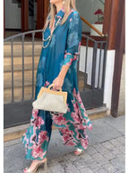 Loose And Cozy Floral-print Long Shirt And Pants Two-piece Set