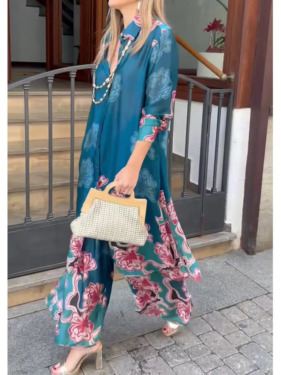 Loose And Cozy Floral-print Long Shirt And Pants Two-piece Set