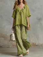 Casual Two-piece Set Of Linen And Cotton Top With Ruffled Collar And Polka Dot Pants