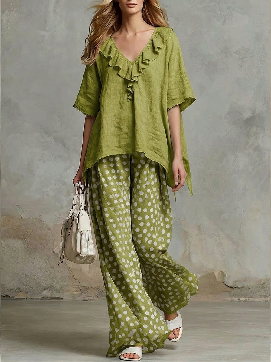 Casual Two-piece Set Of Linen And Cotton Top With Ruffled Collar And Polka Dot Pants