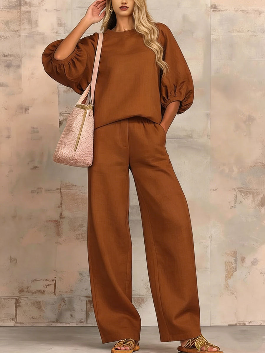 Stylish Cozy Shirt & Wide-leg Pants Linen Cotton Two-piece Set