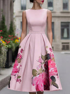 Women's Crew Neck Sleeveless Loose-fit A-line Dress With Placement Print