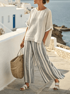 Women'S Loose Slit Contrast Striped Pants Set