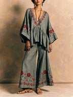 Bohemian Linen And Cotton Two-piece Top And Pants Set