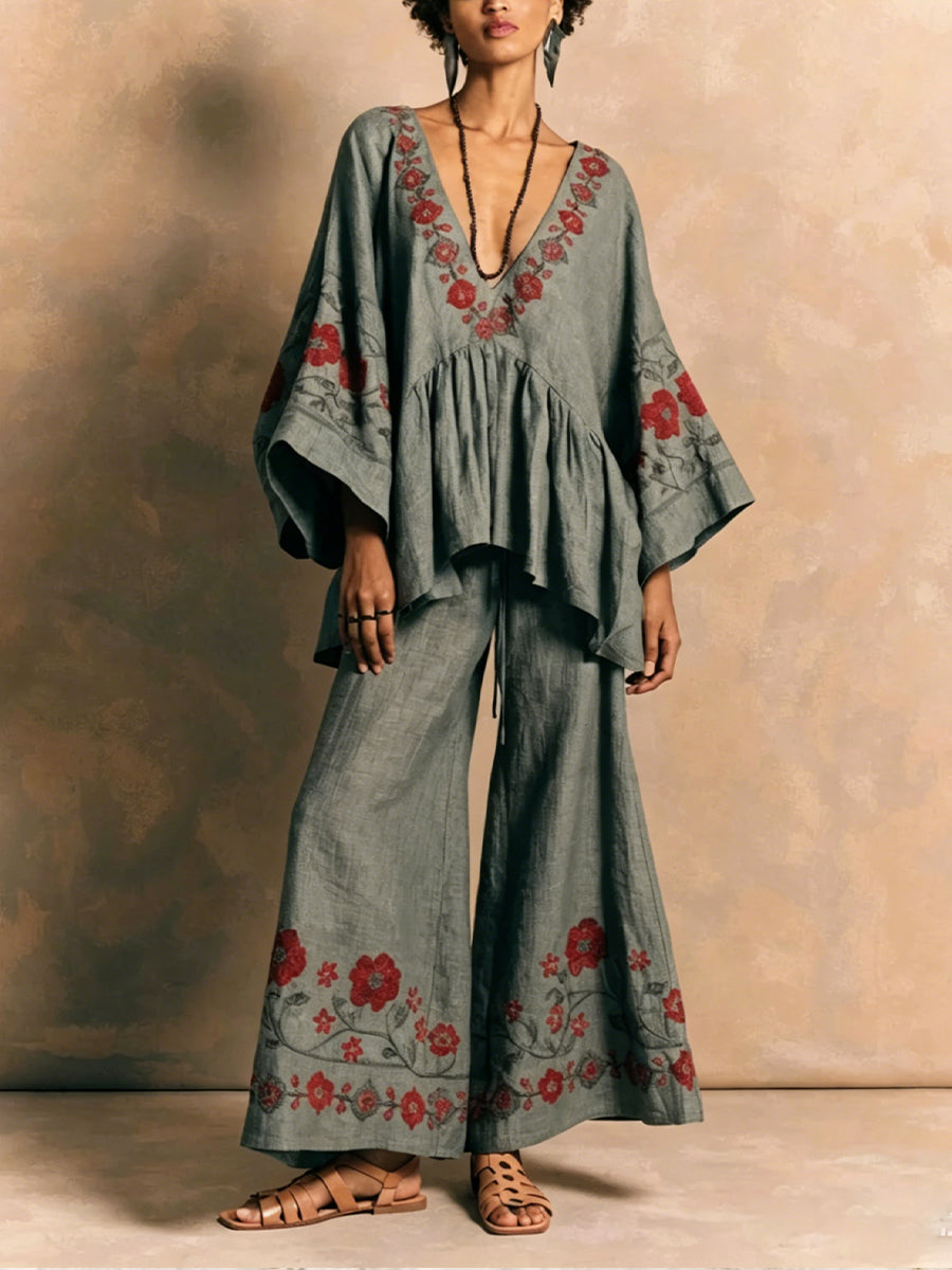 Bohemian Linen And Cotton Two-piece Top And Pants Set
