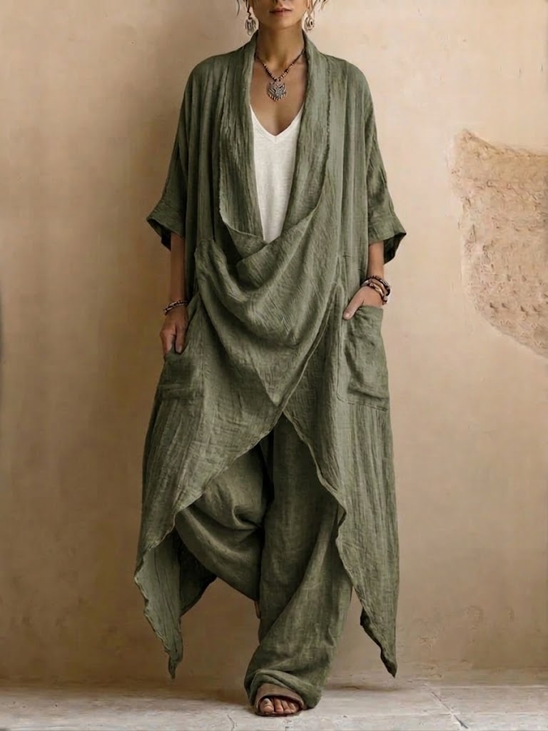 Casual Boho-style Two-piece Set: Long Linen & Cotton Top And Pants