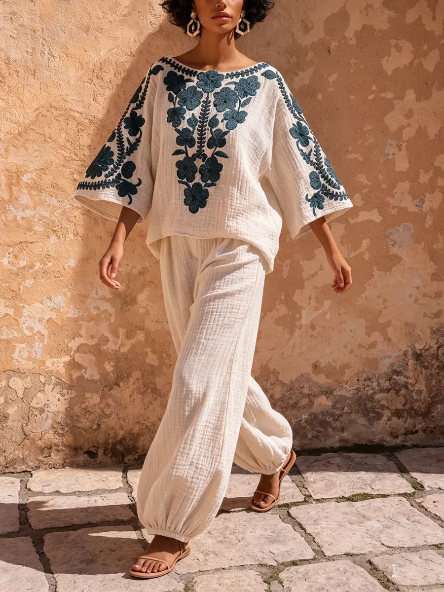 Bohemian Floral Bouquet Print Cotton-linen Two-piece Set
