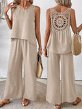 Women's Hollow Lace Two-piece Set: Casual Vest And Wide-leg Pants