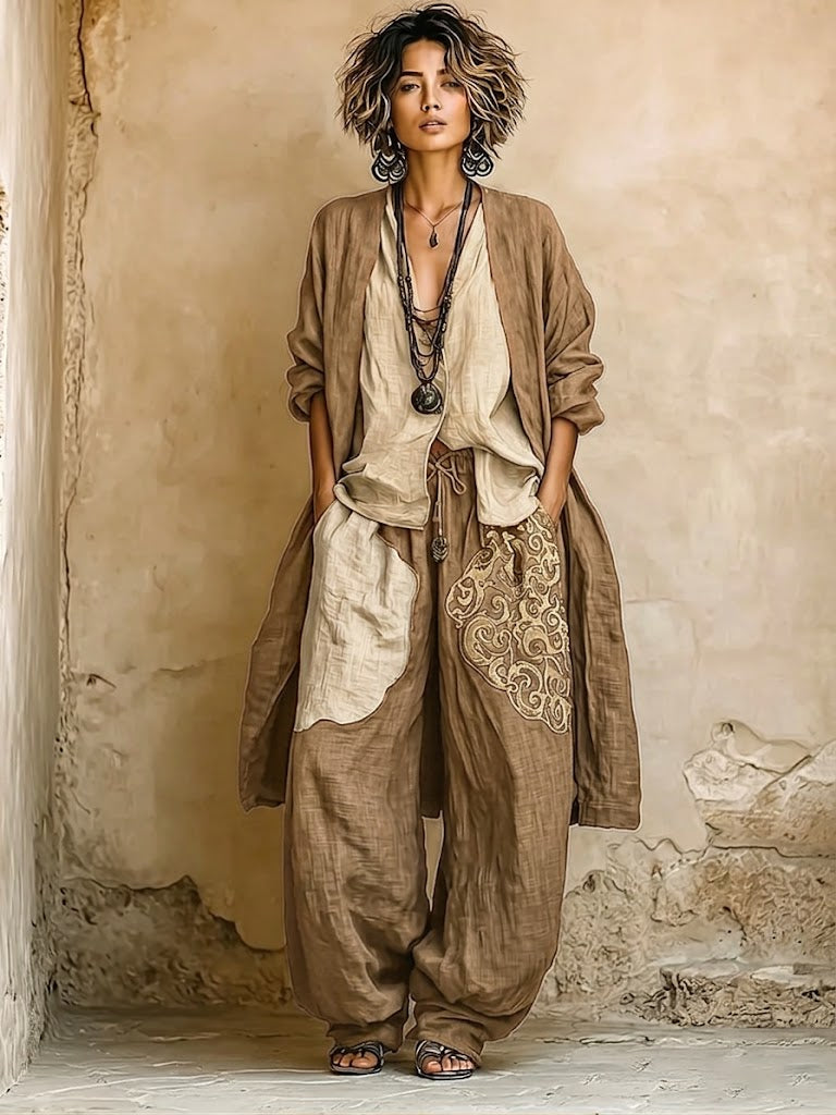Bohemian Three-piece Set: Ethnic-print Cotton-linen Long Cardigan, Sleeveless Top, And Trousers