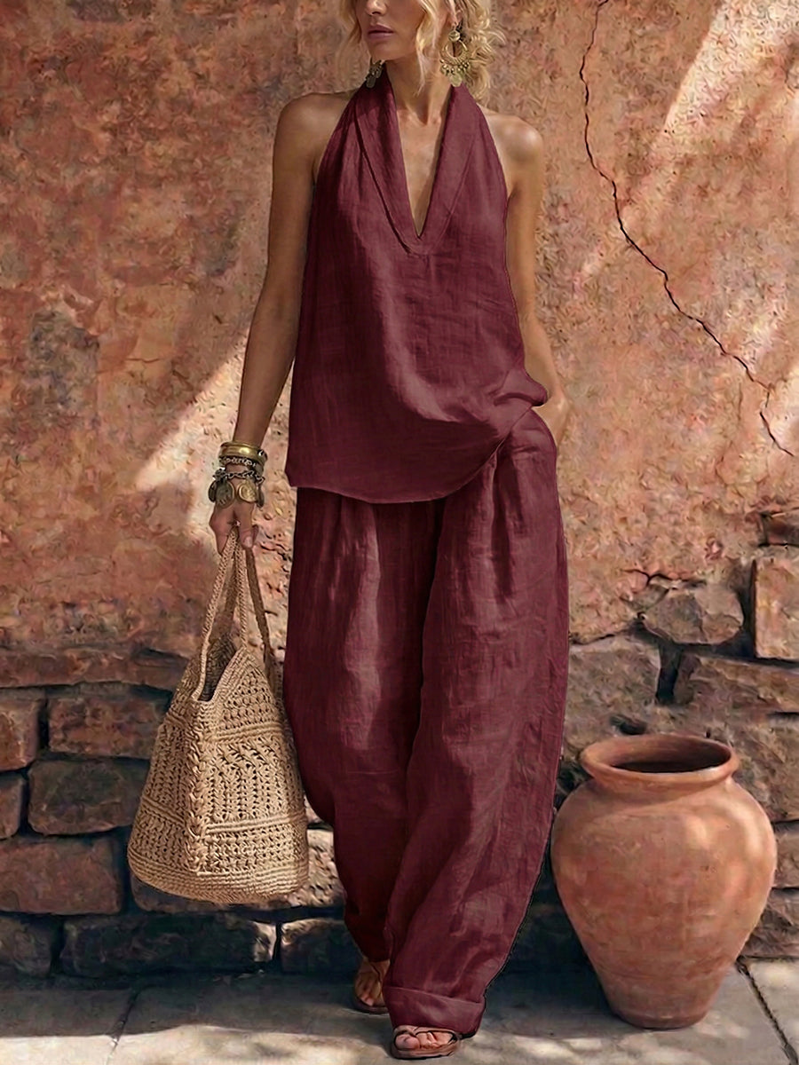 Cozy Minimalist Loose-fit Cotton-linen Two-piece Set