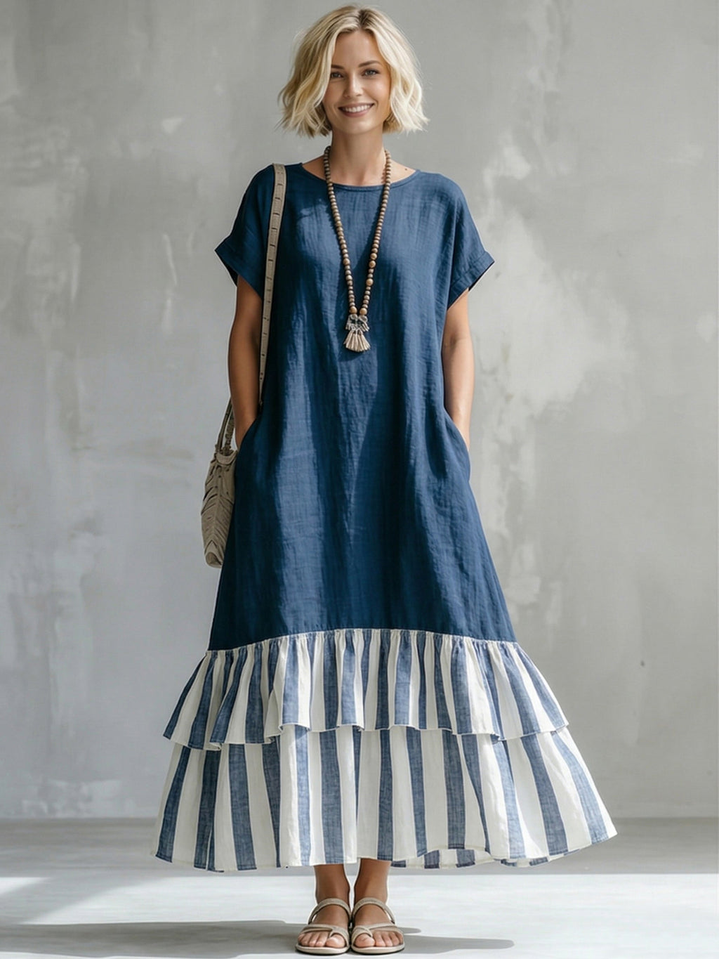 Cozy Striped Patchwork Ruffled Loose Cotton-linen Maxi Dress