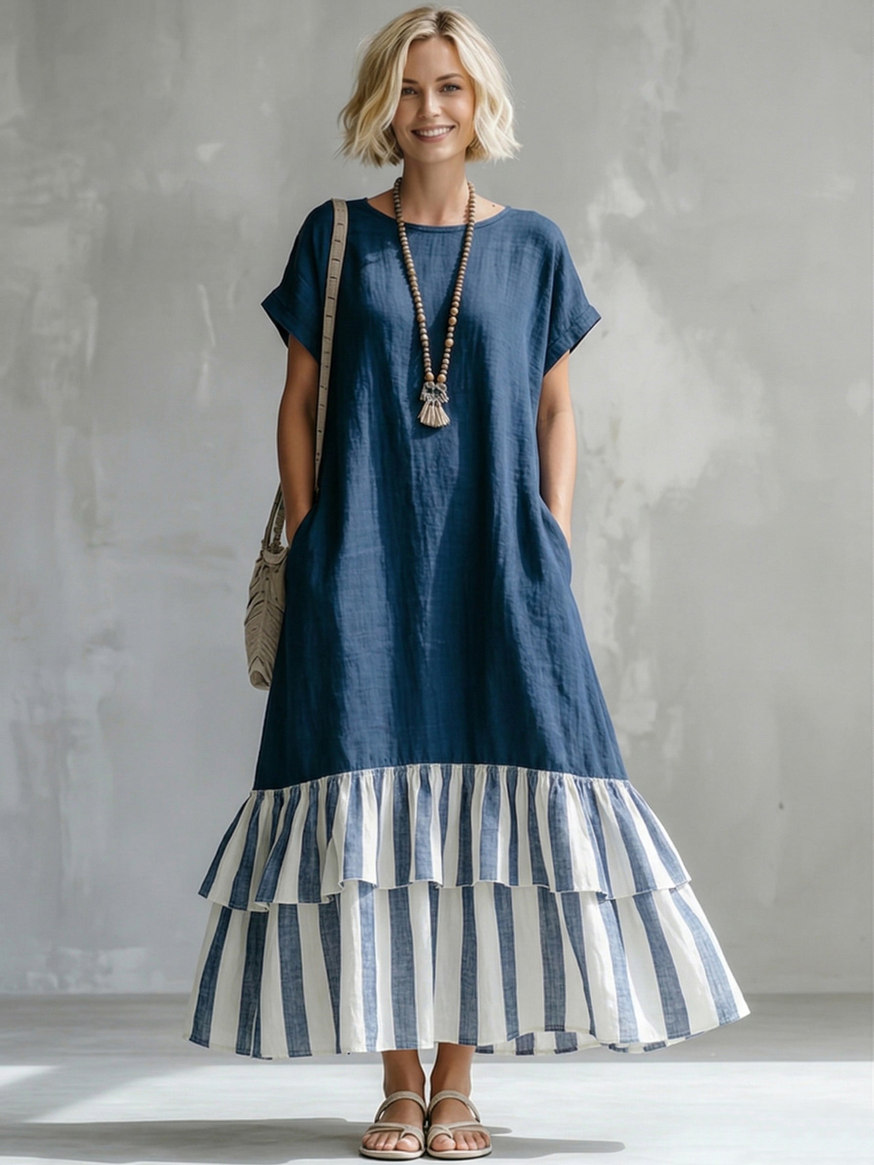 Cozy Striped Patchwork Ruffled Loose Cotton-linen Maxi Dress