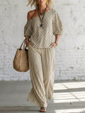 Elegant Classic Striped Off-shoulder Top And Wide-leg Pants Two-piece Set