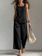 Women's Square-neck Sleeveless Cotton-linen Top And Pants Set