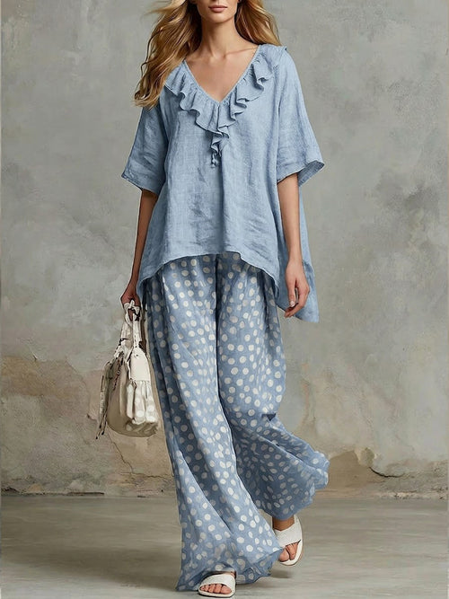 Casual Two-piece Set Of Linen And Cotton Top With Ruffled Collar And Polka Dot Pants