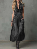 Women's Sleeveless Casual Loose Denim Dress With A Ruffled Neckline