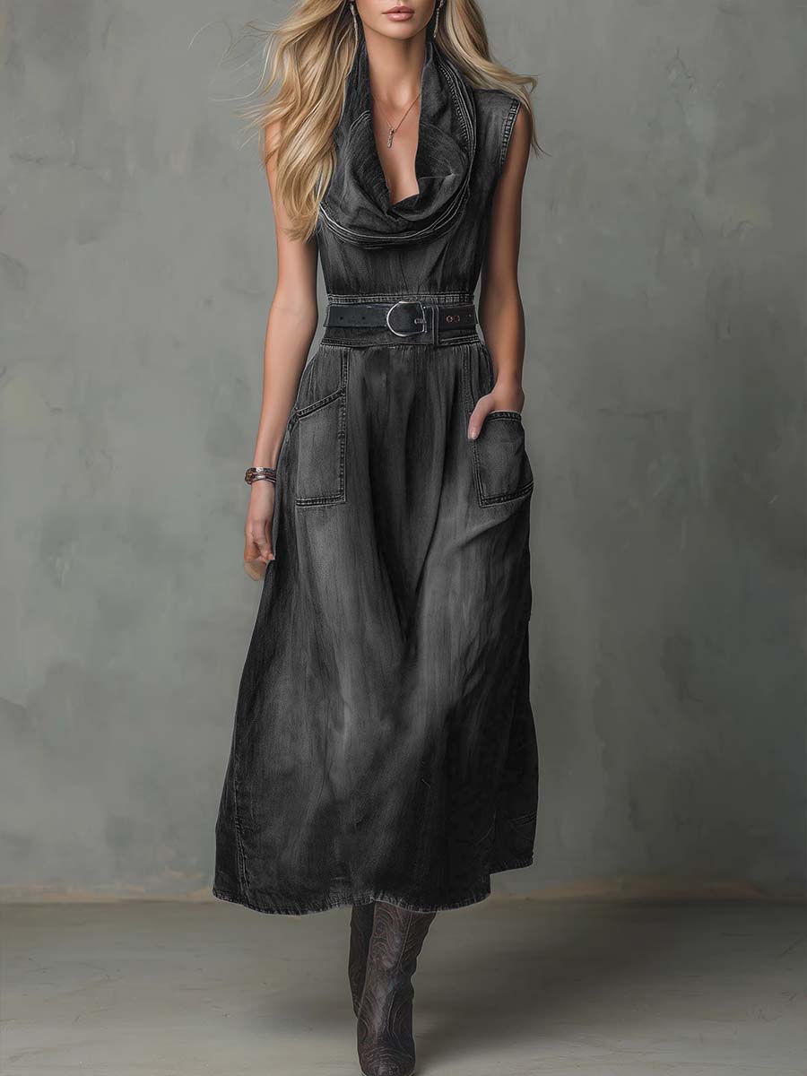 Women's Sleeveless Casual Loose Denim Dress With A Ruffled Neckline