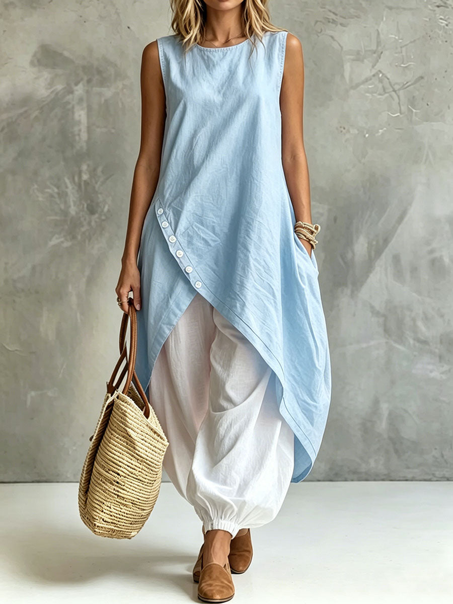 Solid-color Pockets Sleeveless Loose-fit Midi Skirt Set