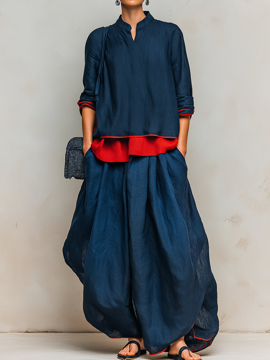 Color-blocked Linen-cotton Top & Lantern Pants Set