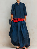 Color-blocked Linen-cotton Top & Lantern Pants Set