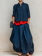 Color-blocked Linen-cotton Top & Lantern Pants Set