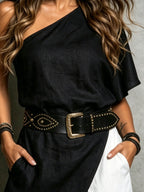 Womenâs Chic Off-shoulder Asymmetrical Short-sleeve Top And Wide-leg Pants Two-piece Set