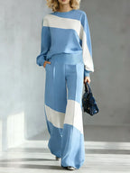 Women's Color-block Round Neck Long-sleeved Casual Loose Wide-leg Pants Knitted Set