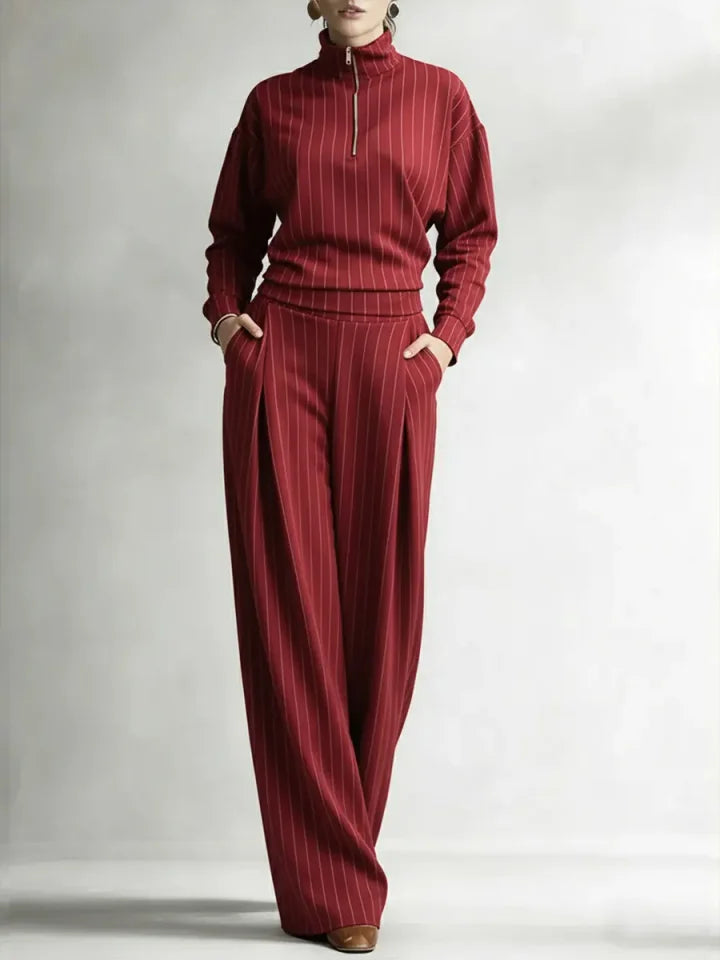 Women's Striped Stretch Cotton Half-zip Top And Wide-leg Pants Two-piece Set