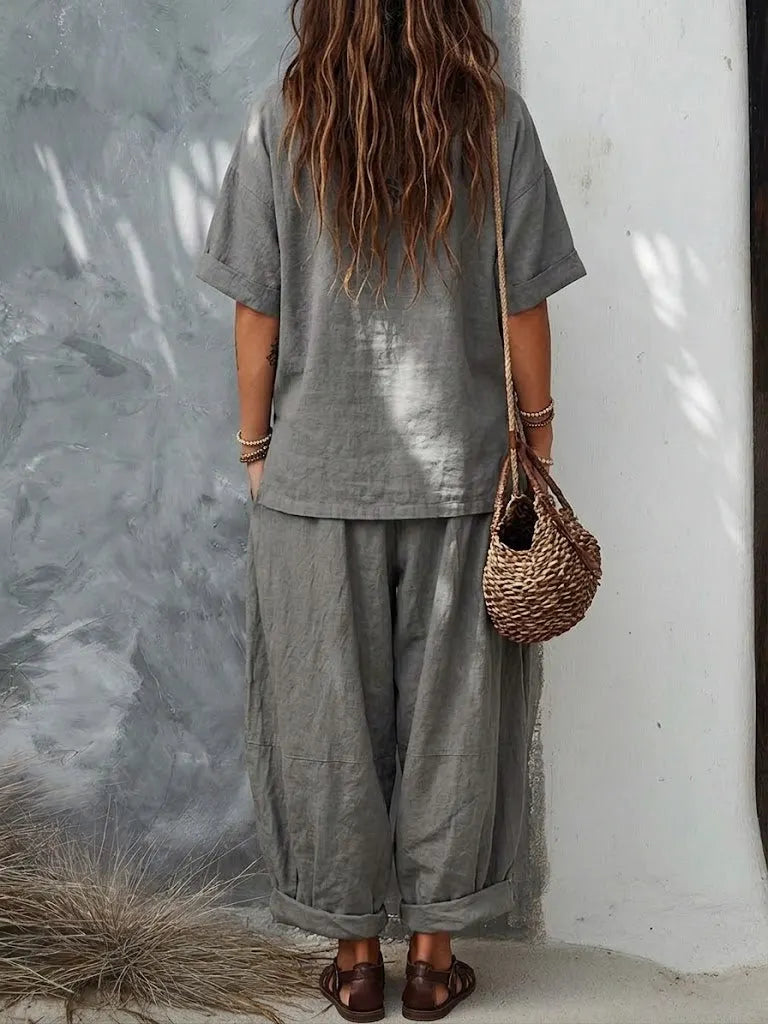 Loose-fitting, Casual Linen And Cotton Two-piece Set (top And Trousers)