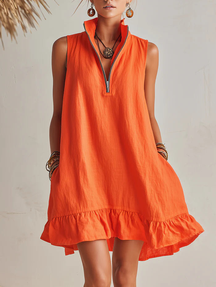 Casual Half-zip Sleeveless Linen And Cotton Dress