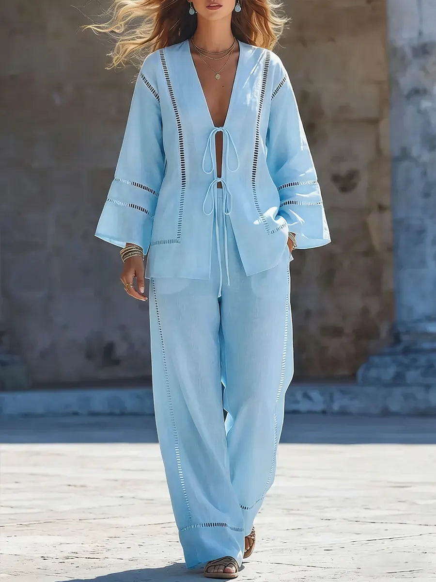 Cotton And Linen Hollow-out Tie-up Vacation Style Set